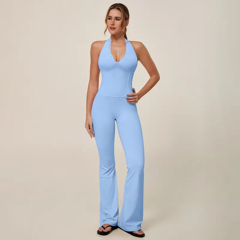 TIMEOFF Women's Backless Halter Sporty Jumpsuit - Soft Stretch Moisture-Wicking Fabric, Athletic Style Activewear Clothing, Workout Outfit for Yoga & Gym, Backless Sports Jumpsuit,summerwins