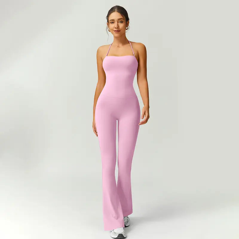 TIMEOFF Women's Halter Neck High Waist Butt Lifting Bodycon Flared Leg Yoga Jumpsuit - Stretchable Solid Color Athleisure Activewear, Trending Clothes for Women for Gym & Fashion Outfits (Athleisure Style, Solid Color Jumpsuit),summerwins