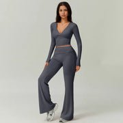 TIMEOFF Women's 2-Piece High Stretch Sporty Activewear Set - Long Sleeve Plunging V-Neck Top, Flipped Waist High-Waist Flared Leggings - Gymswear, Fitness Sport Outfits, Athleisure Wear Set for Yoga, Running, 2 Piece Sets, Workout Sets For Women