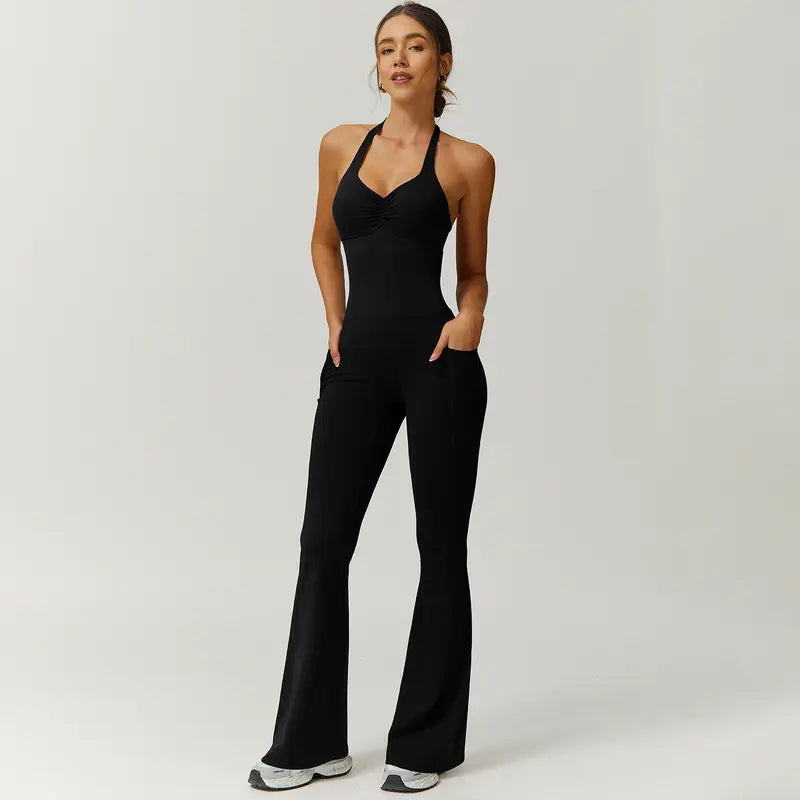 TimeOFF Women's Halter Neck Jumpsuit , Folded Chest, Flared Legs, Butt-Lifting Design , Yoga, Gym & Outdoor Activewear Fitness Outfits Workout Apparel, Solid Color Jumpsuit, Sportswear Jumpsuits