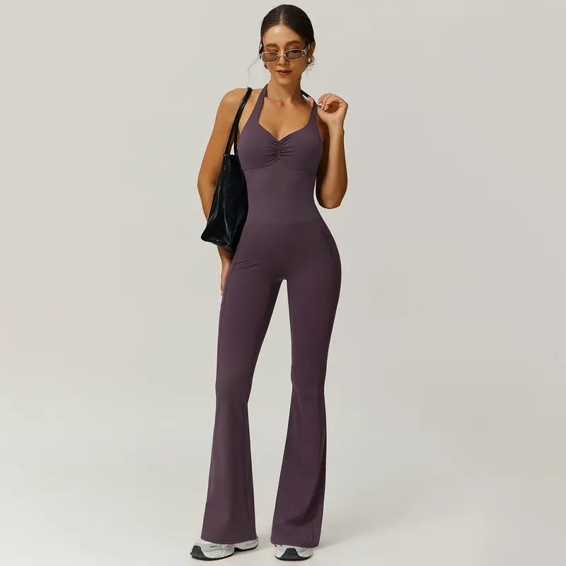 TimeOFF Women's Halter Neck Jumpsuit , Folded Chest, Flared Legs, Butt-Lifting Design , Yoga, Gym & Outdoor Activewear Fitness Outfits Workout Apparel, Solid Color Jumpsuit, Sportswear Jumpsuits