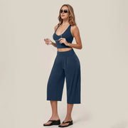 TIMEOFF Women's 2 Piece Active Outfit, Crisscross Back V-Neck Crop Sports Bra & High Waist Pocket Culottes, Soft Stretchy Fabric, Convenient Storage for Yoga, Workout & Daily Casual Streetwear summerwins