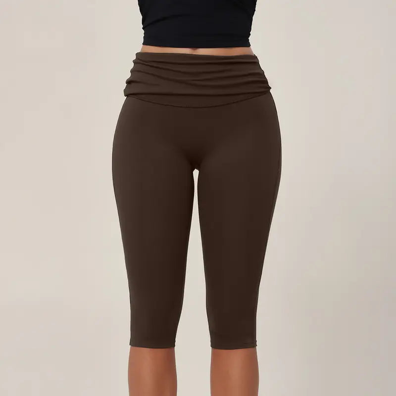 TIMEOFF Women's Fold‑Over Waist Knee‑Length Leggings - Two‑Way Wearable, Butt‑Lifting Design, Stretchy Breathable Fabric | Tummy Control, Non‑Slip, No Ride‑Up | Ideal for Yoga, Gym, Running & Casual Wear