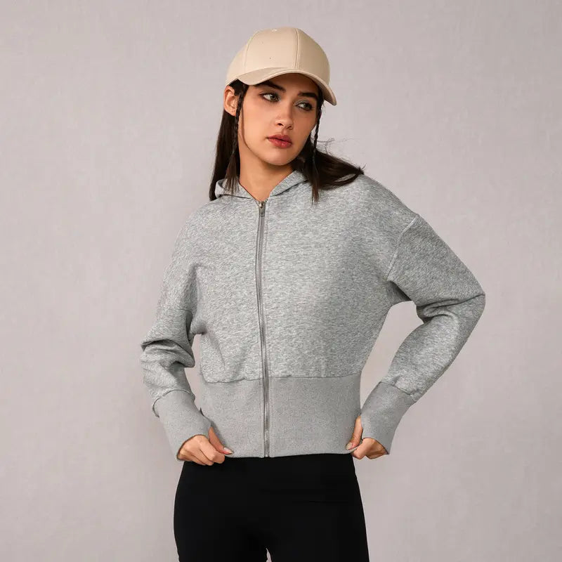 TIMEOFF Women's Cropped Hooded Zip-Up Long Sleeve Gym Jacket - Cozy Fitness Outerwear, Sportswear for Casual Daily Use, Athletic Zip-Up Jackets