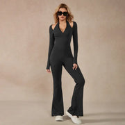 TimeOFF Women's Long-Sleeve Lace-Trim Halter Jumpsuit, Deep V-Neck & Flared Pant Hem, Solves Stylish Support & Flexible Fit Need for Yoga, Dance Workouts & Fashion-Forward Fitness Sessions,jumpsuit women jumpsuit for women