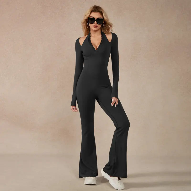 TimeOFF Women's Long-Sleeve Lace-Trim Halter Jumpsuit, Deep V-Neck & Flared Pant Hem, Solves Stylish Support & Flexible Fit Need for Yoga, Dance Workouts & Fashion-Forward Fitness Sessions,jumpsuit women jumpsuit for women