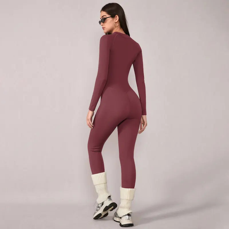 TIMEOFF Women's Long-Sleeve Fleece-Lined Mock-Neck Zip-Up Jumpsuit, Stretchy Body-Sculpting Workout Gym Clothing for Winter Yoga