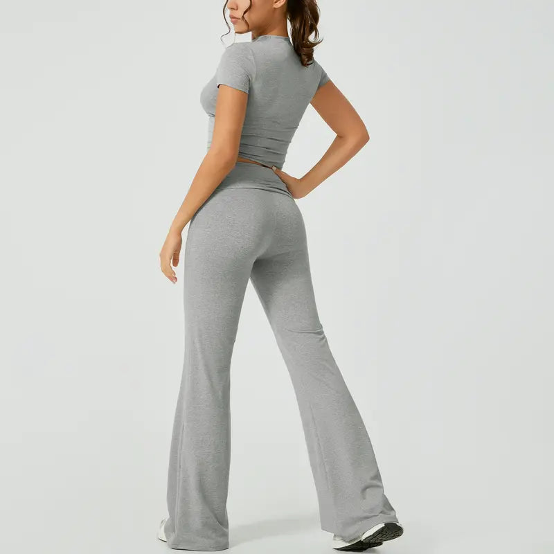 TIMEOFF Women's 2-Piece Matching Sets for Women - Short-Sleeve Crop Top & High-Waist Flared Leggings Sweat Suit, Waist-Cinching, Body-Shaping, Leg Line-Trimming, Flexible Fit for Yoga, Gym