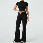 TIMEOFF Women's 2-Piece Matching Sets for Women - Short-Sleeve Crop Top & High-Waist Flared Leggings Sweat Suit, Waist-Cinching, Body-Shaping, Leg Line-Trimming, Flexible Fit for Yoga, Gym