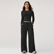 TIMEOFF Women's 2-Piece Stretch Sweatsuit, Solid Cute Clothes Set with Long Sleeve Crop Top and Wide-Leg Pants for Yoga, Sweats