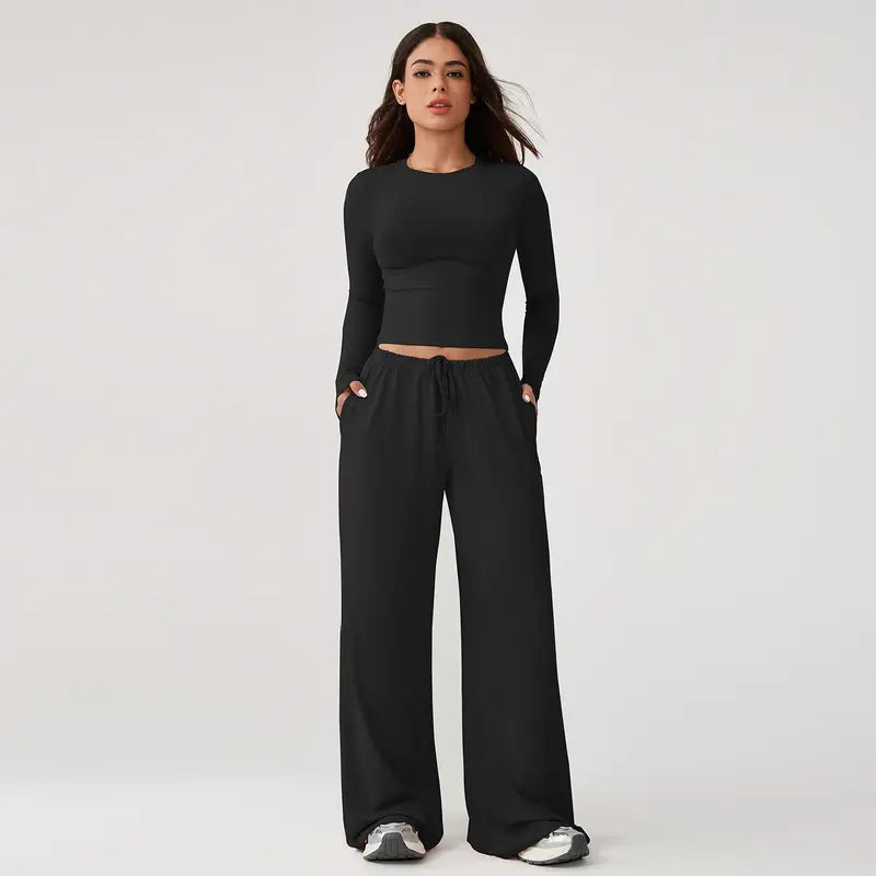 TIMEOFF Women's 2-Piece Stretch Sweatsuit, Solid Cute Clothes Set with Long Sleeve Crop Top and Wide-Leg Pants for Yoga, Sweats