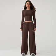 TIMEOFF Women's 2-Piece Stretch Sweatsuit, Solid Cute Clothes Set with Long Sleeve Crop Top and Wide-Leg Pants for Yoga, Sweats