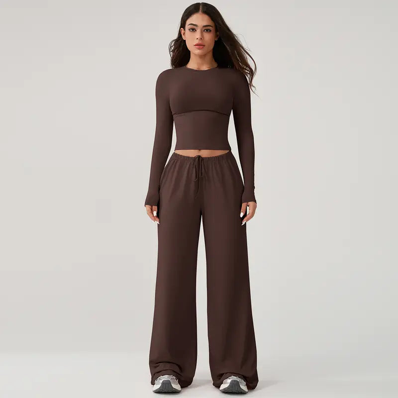 TIMEOFF Women's 2-Piece Stretch Sweatsuit, Solid Cute Clothes Set with Long Sleeve Crop Top and Wide-Leg Pants for Yoga, Sweats