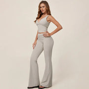 TIMEOFF Women's 2-Piece Yoga Outfits - V-Neck Sleeveless Wrap Crop Workout Top & Fold-Over Dual-Wear Waist Flare Pants, Soft 4-Way Flexible Stretch Fabric, Adjustable Fit Women's Clothes for Pilates, Gym, Set Active