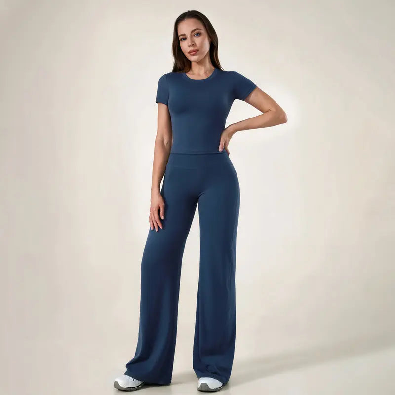 TimeOFF Women's 2-Piece Short Sleeve Workout Set - Fitted Crop Top & High Waist Wide Leg Pants, 4-Way Stretch Soft Fabric, Butt-Lifting Sculpt Seam, Tummy Control, Non-Ride Up, Breathable, Ideal for Yoga, Gym, Women's Clothes, 2 Piece Sets
