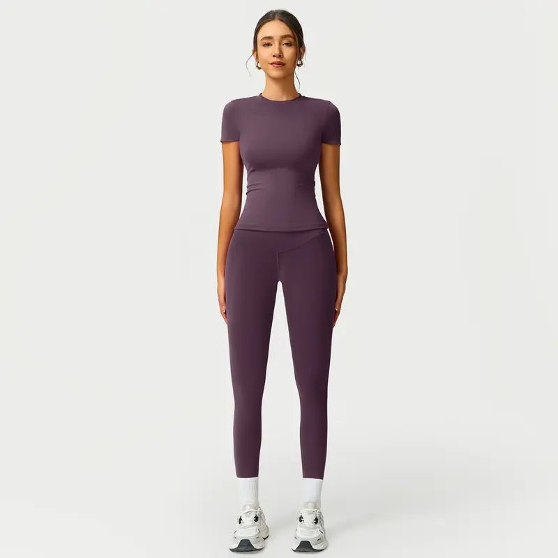 TIMEOFF Women's 2-Piece Sets Gym Workout Set - Sporty Round Neck Quick-Dry Snug Compression Cherry Print Tee, High Waisted Athletic Leggings with Extended Hemline, Breathable Sportswear for Yoga, Gym, Workout Sets For Women