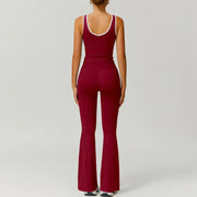 TimeOFF Two-Piece Color Block U-Neck Piped Tank & Bell Bottom Set, Deep V-Back Cutout, Contrast Binding Detail, Solves Trendy & Sculpting Need for Gym, Dance & Chic Casual Occasions,loungesetwomen,sweatsuits women,comfort sweat set,summerwins