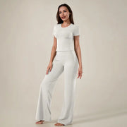 TimeOFF Women's 2-Piece Short Sleeve Workout Set - Fitted Crop Top & High Waist Wide Leg Pants, 4-Way Stretch Soft Fabric, Butt-Lifting Sculpt Seam, Tummy Control, Non-Ride Up, Breathable, Ideal for Yoga, Gym, Women's Clothes, 2 Piece Sets