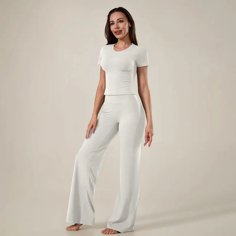 TimeOFF Women's 2-Piece Short Sleeve Workout Set - Fitted Crop Top & High Waist Wide Leg Pants, 4-Way Stretch Soft Fabric, Butt-Lifting Sculpt Seam, Tummy Control, Non-Ride Up, Breathable, Ideal for Yoga, Gym, Women's Clothes, 2 Piece Sets