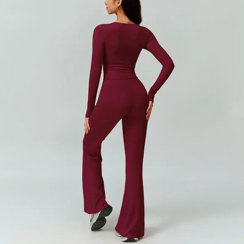 TIMEOFF Women's 2-Piece High Stretch Sporty Activewear Set - Long Sleeve Plunging V-Neck Top, Flipped Waist High-Waist Flared Leggings - Gymswear, Fitness Sport Outfits, Athleisure Wear Set for Yoga, Running, 2 Piece Sets, Workout Sets For Women