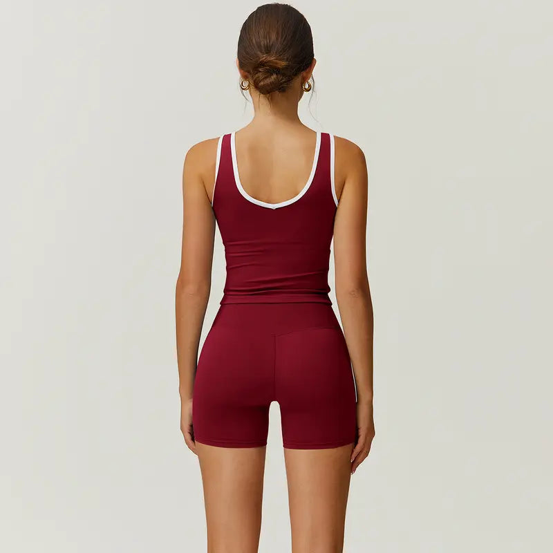 TimeOFF Color-Blocked Halter Crop Tube Top & Mid-Rise Shorts Set, Deep V-Back Cutout & Contrast Binding, Solves Stylish Support & Flattering Fit Need for Yoga, Fitness Classes & Active Lifestyle Scenarios,comfort sweat set,loungesetwomen,sweatsuits women,