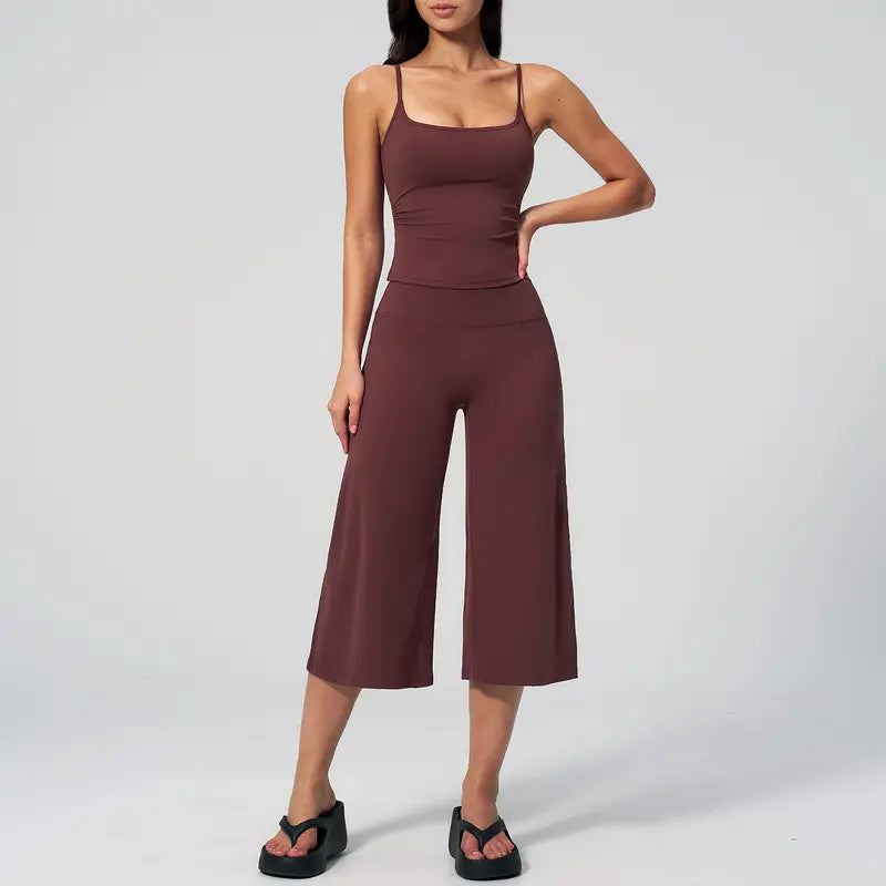 TIMEOFF Women's 2‑Piece Adjustable Strap Workout Set - V‑Shape Back Cami & High Waist Cropped Wide Leg Capris, Stretchy Breathable Fabric, 5 Colors | Waist Shaping, Tummy Control, Non‑Restrictive Fit | Ideal for Yoga, Casual Wear & Daily Loungewear