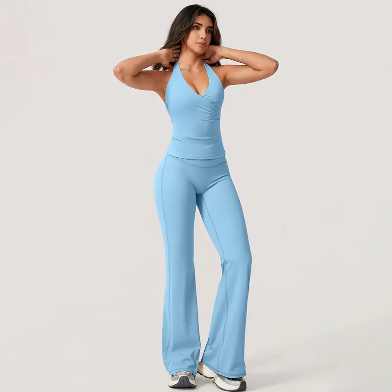 TimeOFFWomen's 2-Piece Activewear Set Deep V-Neck Open-Back Design Stretchy Fabric for Flattering Fit Comfort in Yoga Workouts & Casual Outings Athletic Fashion Fitness Clothes, 2 Piece Sets, Women's 2 Piece Set