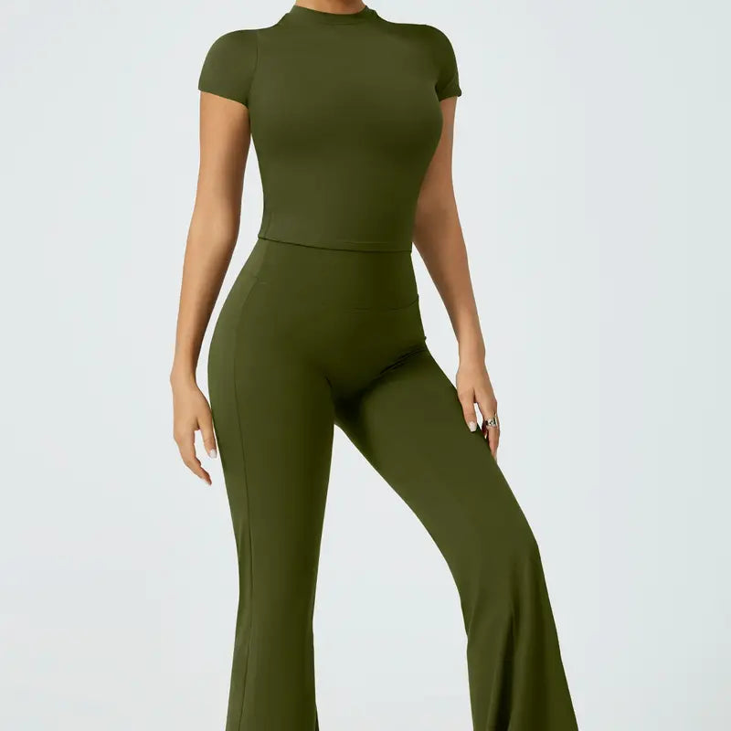 TIMEOFF Women's 2-Piece Matching Sets for Women - Short-Sleeve Crop Top & High-Waist Flared Leggings Sweat Suit, Waist-Cinching, Body-Shaping, Leg Line-Trimming, Flexible Fit for Yoga, Gym