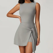 TIMEOFF Women's Off-Shoulder U-Back Workout Dress - Sleeveless, Side-Tie, Built-In Shorts, Soft Stretchy Skin-Friendly Fabric, Ideal for Gym, Yoga Stretch (Sports Sleeveless Dress with Built-In Shorts), Active Dress