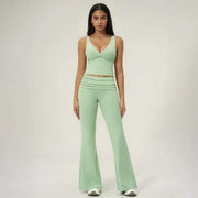 TIMEOFF Women's 2-Piece Yoga Outfits - V-Neck Sleeveless Wrap Crop Workout Top & Fold-Over Dual-Wear Waist Flare Pants, Soft 4-Way Flexible Stretch Fabric, Adjustable Fit Women's Clothes for Pilates, Gym, Set Active