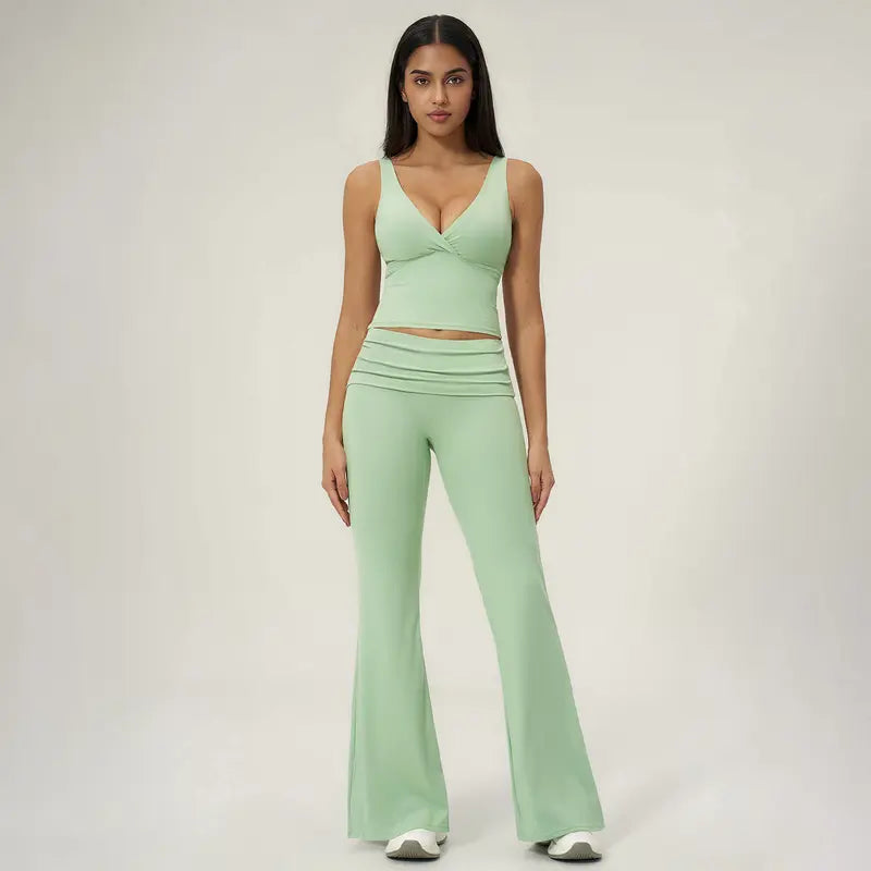 TIMEOFF Women's 2-Piece Yoga Outfits - V-Neck Sleeveless Wrap Crop Workout Top & Fold-Over Dual-Wear Waist Flare Pants, Soft 4-Way Flexible Stretch Fabric, Adjustable Fit Women's Clothes for Pilates, Gym, Set Active