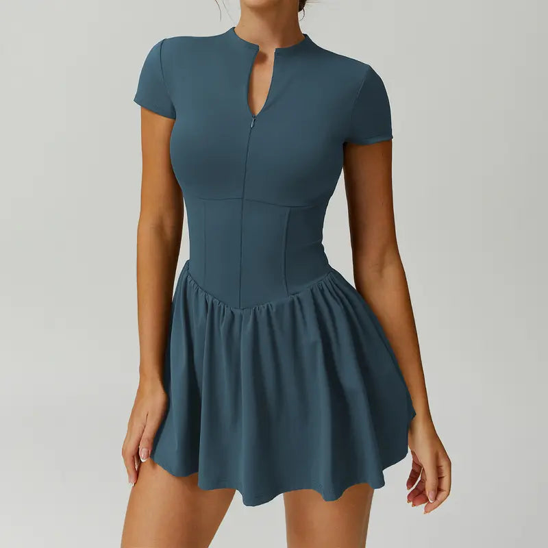 TIMEOFF Women's Short Sleeve Zip-Up Mock Neck Athletic Romper with Flared Skirt - Sporty Chic Dress, Athleisure Tennis Attire, Women's Clothing for Summer Fitness,summerwins
