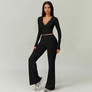 TIMEOFF Women's 2-Piece High Stretch Sporty Activewear Set - Long Sleeve Plunging V-Neck Top, Flipped Waist High-Waist Flared Leggings - Gymswear, Fitness Sport Outfits, Athleisure Wear Set for Yoga, Running, 2 Piece Sets, Workout Sets For Women