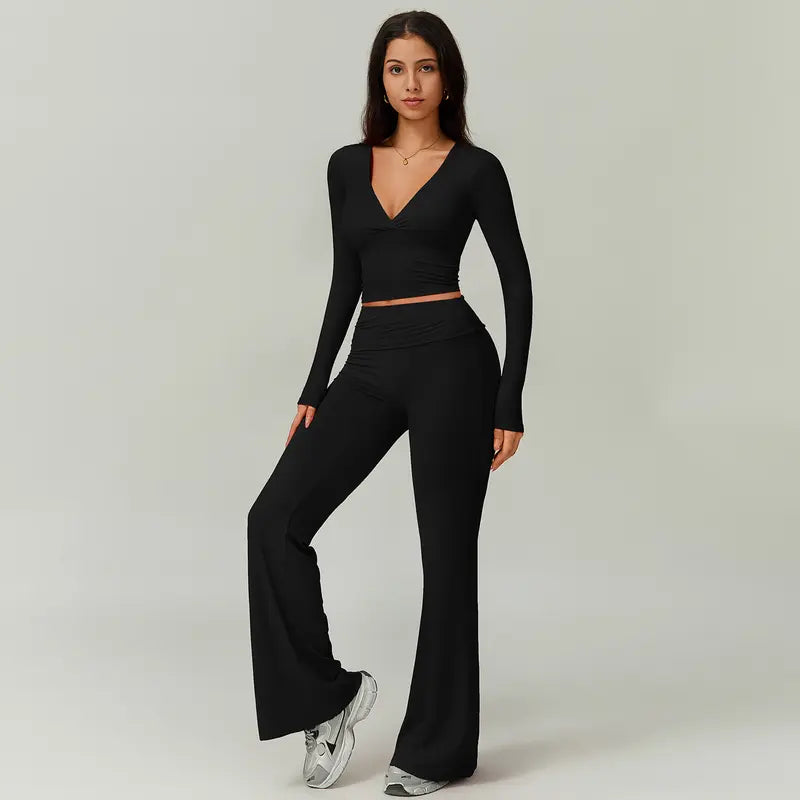 TIMEOFF Women's 2-Piece High Stretch Sporty Activewear Set - Long Sleeve Plunging V-Neck Top, Flipped Waist High-Waist Flared Leggings - Gymswear, Fitness Sport Outfits, Athleisure Wear Set for Yoga, Running, 2 Piece Sets, Workout Sets For Women