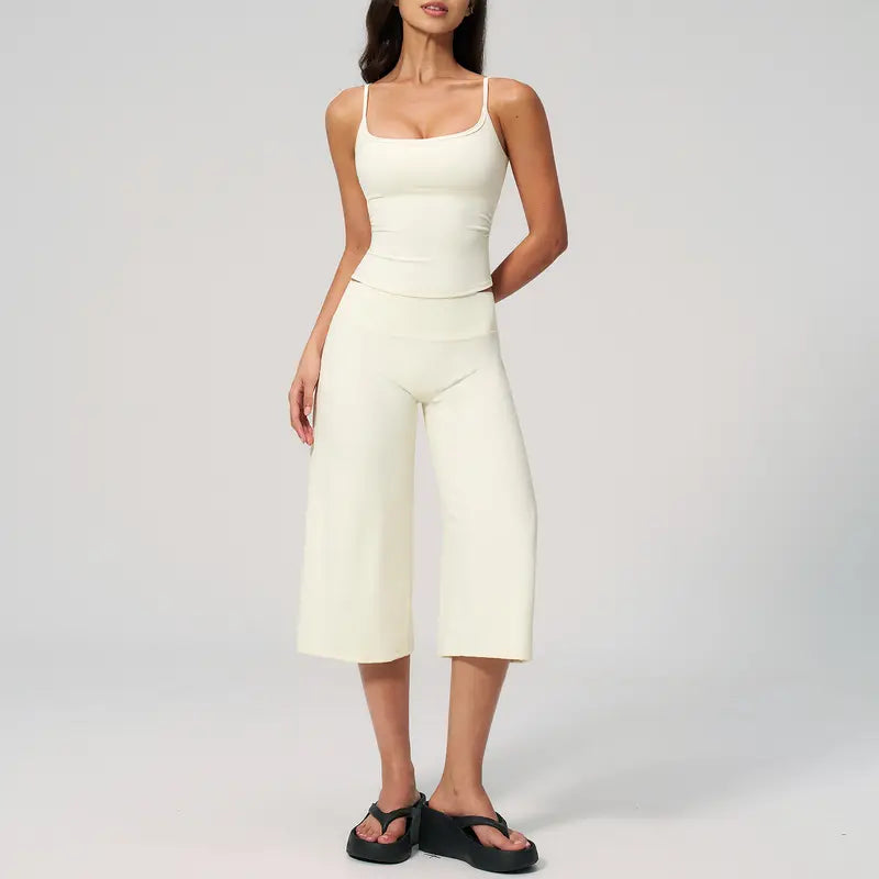 TIMEOFF Women's 2‑Piece Adjustable Strap Workout Set - V‑Shape Back Cami & High Waist Cropped Wide Leg Capris, Stretchy Breathable Fabric, 5 Colors | Waist Shaping, Tummy Control, Non‑Restrictive Fit | Ideal for Yoga, Casual Wear & Daily Loungewear