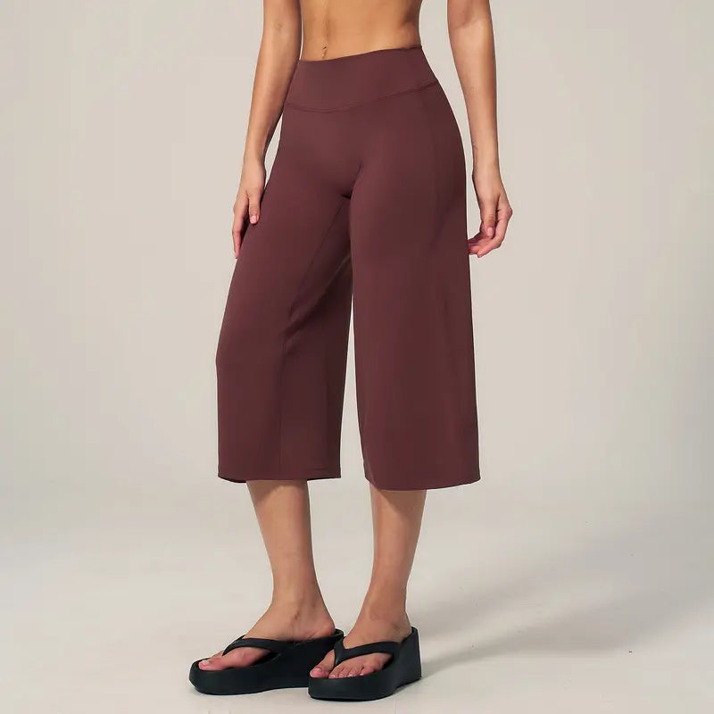 TIMEOFF Women's High Waist V‑Shaped Back Cropped Wide Leg Capris - Butt‑Lifting Sculpt Design, 4‑Way Stretchy Breathable Fabric, 5 Colors Available | Tummy Control, Non‑Restrictive Fit, Wrinkle‑Resistant | Ideal for Yoga, Casual Wear & Daily Loungewear