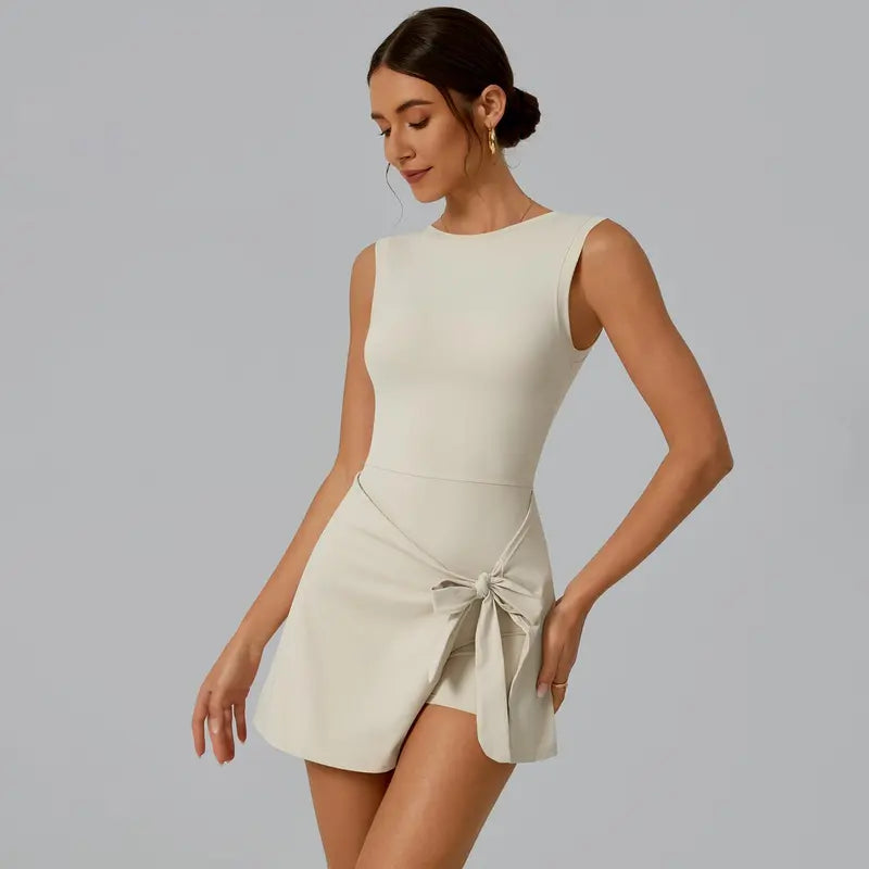 TIMEOFF Women's Off-Shoulder U-Back Workout Dress - Sleeveless, Side-Tie, Built-In Shorts, Soft Stretchy Skin-Friendly Fabric, Ideal for Gym, Yoga Stretch (Sports Sleeveless Dress with Built-In Shorts), Active Dress
