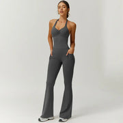 TimeOFF Women's Halter Neck Jumpsuit , Folded Chest, Flared Legs, Butt-Lifting Design , Yoga, Gym & Outdoor Activewear Fitness Outfits Workout Apparel, Solid Color Jumpsuit, Sportswear Jumpsuits
