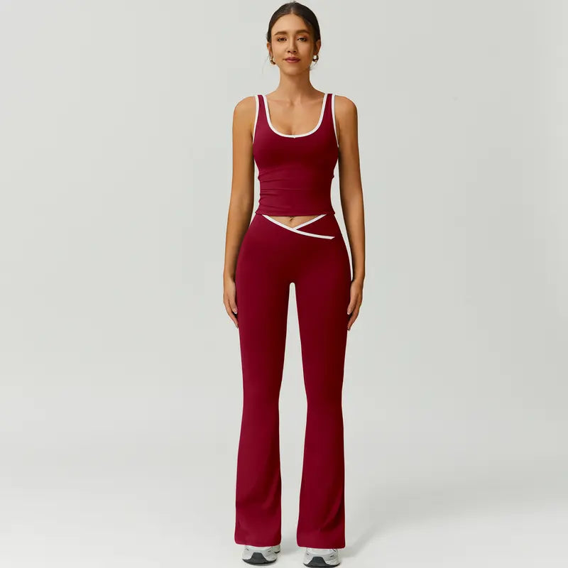 TimeOFF Two-Piece Color Block U-Neck Piped Tank & Bell Bottom Set, Deep V-Back Cutout, Contrast Binding Detail, Solves Trendy & Sculpting Need for Gym, Dance & Chic Casual Occasions,loungesetwomen,sweatsuits women,comfort sweat set,summerwins