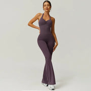TimeOFF Women's Halter Neck Jumpsuit , Folded Chest, Flared Legs, Butt-Lifting Design , Yoga, Gym & Outdoor Activewear Fitness Outfits Workout Apparel, Solid Color Jumpsuit, Sportswear Jumpsuits