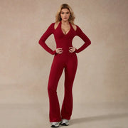 TimeOFF Women's Long-Sleeve Lace-Trim Halter Jumpsuit, Deep V-Neck & Flared Pant Hem, Solves Stylish Support & Flexible Fit Need for Yoga, Dance Workouts & Fashion-Forward Fitness Sessions,jumpsuit women jumpsuit for women