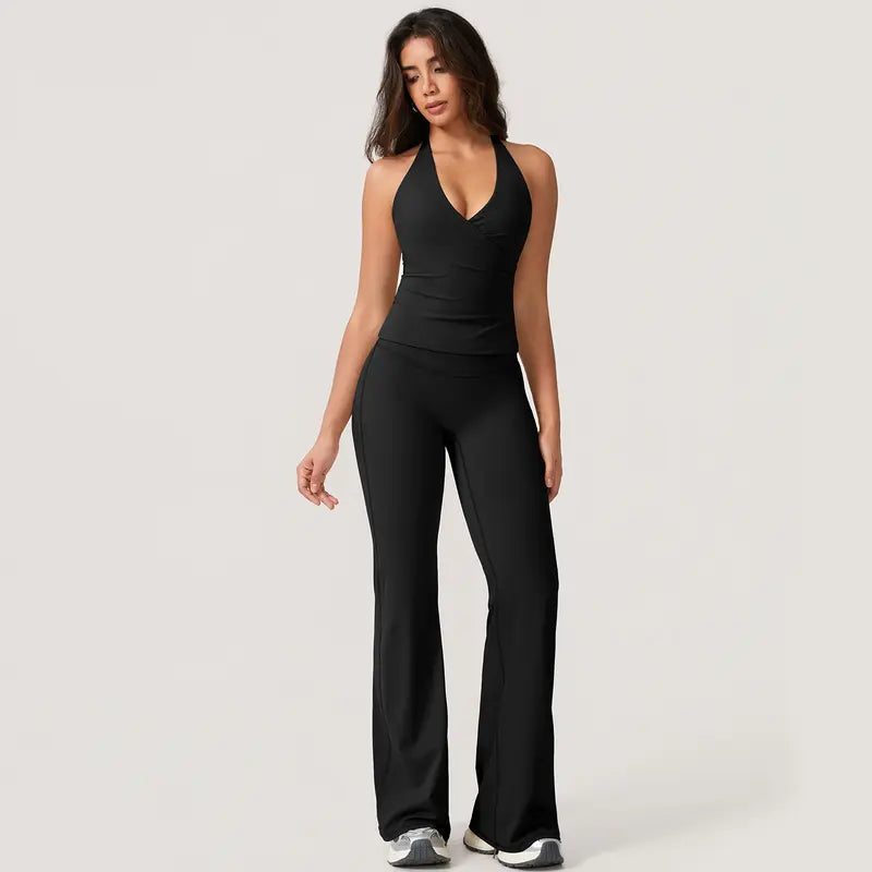 TimeOFFWomen's 2-Piece Activewear Set Deep V-Neck Open-Back Design Stretchy Fabric for Flattering Fit Comfort in Yoga Workouts & Casual Outings Athletic Fashion Fitness Clothes, 2 Piece Sets, Women's 2 Piece Set