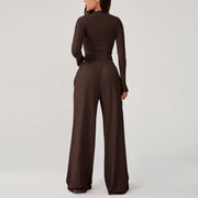 TIMEOFF Women's 2-Piece Stretch Sweatsuit, Solid Cute Clothes Set with Long Sleeve Crop Top and Wide-Leg Pants for Yoga, Sweats