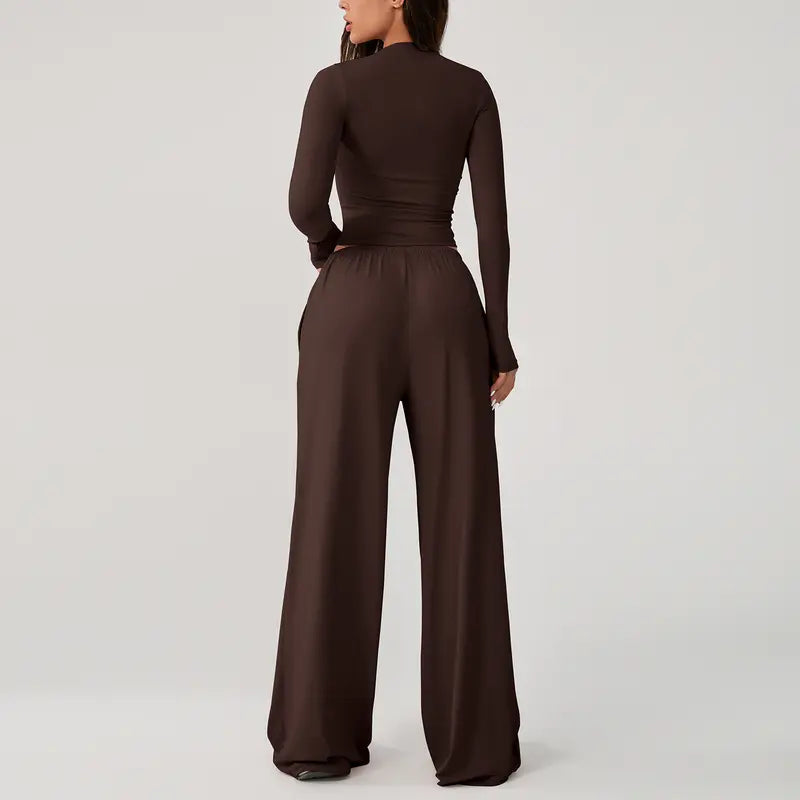 TIMEOFF Women's 2-Piece Stretch Sweatsuit, Solid Cute Clothes Set with Long Sleeve Crop Top and Wide-Leg Pants for Yoga, Sweats