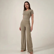 TimeOFF Women's 2-Piece Short Sleeve Workout Set - Fitted Crop Top & High Waist Wide Leg Pants, 4-Way Stretch Soft Fabric, Butt-Lifting Sculpt Seam, Tummy Control, Non-Ride Up, Breathable, Ideal for Yoga, Gym, Women's Clothes, 2 Piece Sets