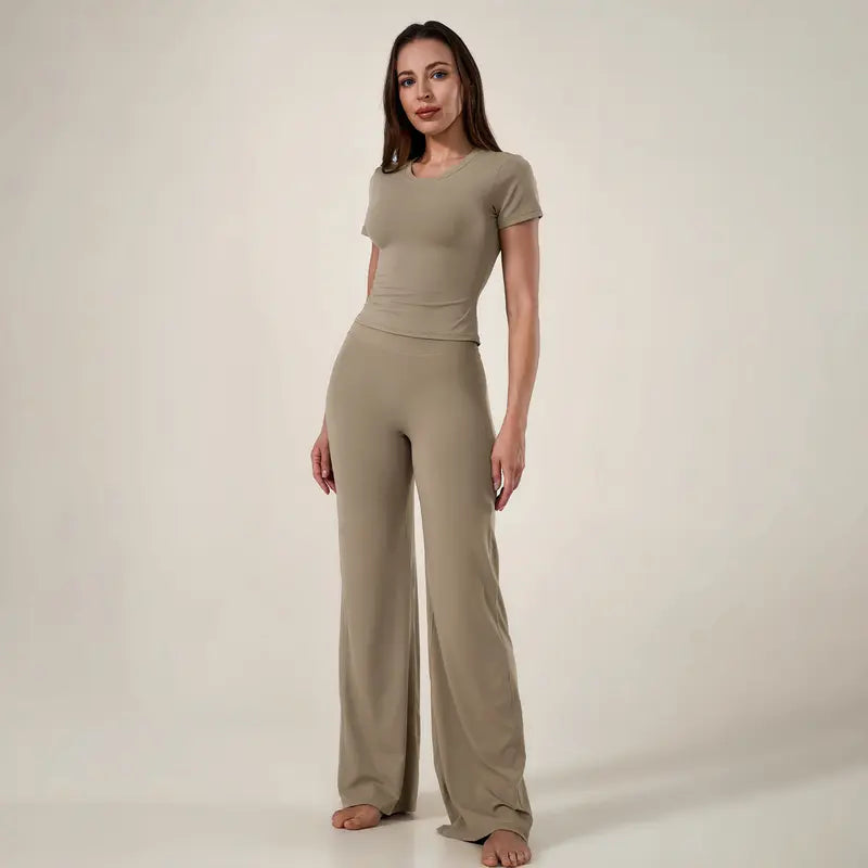 TimeOFF Women's 2-Piece Short Sleeve Workout Set - Fitted Crop Top & High Waist Wide Leg Pants, 4-Way Stretch Soft Fabric, Butt-Lifting Sculpt Seam, Tummy Control, Non-Ride Up, Breathable, Ideal for Yoga, Gym, Women's Clothes, 2 Piece Sets