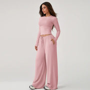 TIMEOFF Women's 2-Piece Stretchy Activewear Set - Long-Sleeve Crop Top & Wide-Leg Pants, Gym Outfit, Athletic Wear, Fitness Sport Outfits, Workout Sets for Women, Two Piece Set