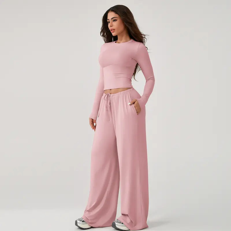TIMEOFF Women's 2-Piece Stretchy Activewear Set - Long-Sleeve Crop Top & Wide-Leg Pants, Gym Outfit, Athletic Wear, Fitness Sport Outfits, Workout Sets for Women, Two Piece Set