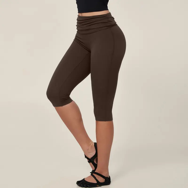 TIMEOFF Women's Fold‑Over Waist Knee‑Length Leggings - Two‑Way Wearable, Butt‑Lifting Design, Stretchy Breathable Fabric | Tummy Control, Non‑Slip, No Ride‑Up | Ideal for Yoga, Gym, Running & Casual Wear