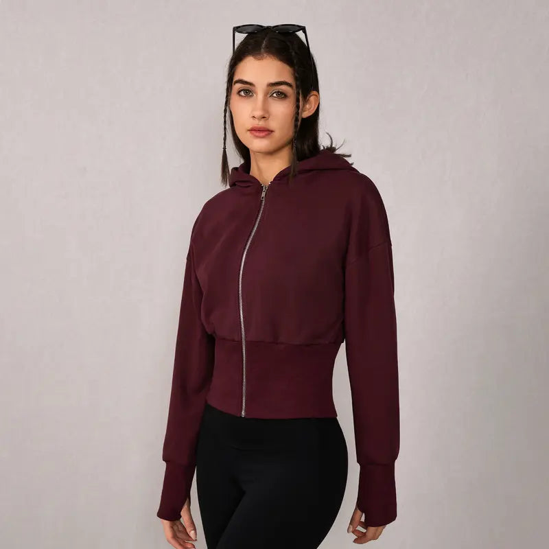 TIMEOFF Women's Cropped Hooded Zip-Up Long Sleeve Gym Jacket - Cozy Fitness Outerwear, Sportswear for Casual Daily Use, Athletic Zip-Up Jackets